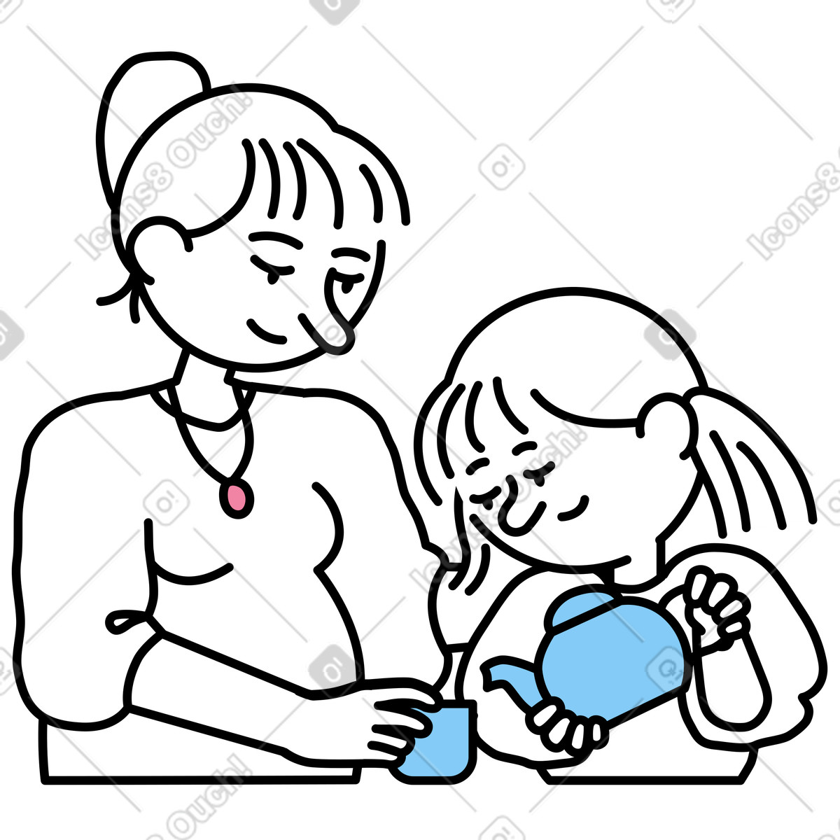 下载 Notes 风格的 孕妇和她的女儿喝茶 插画，支持 PNG、SVG 格式