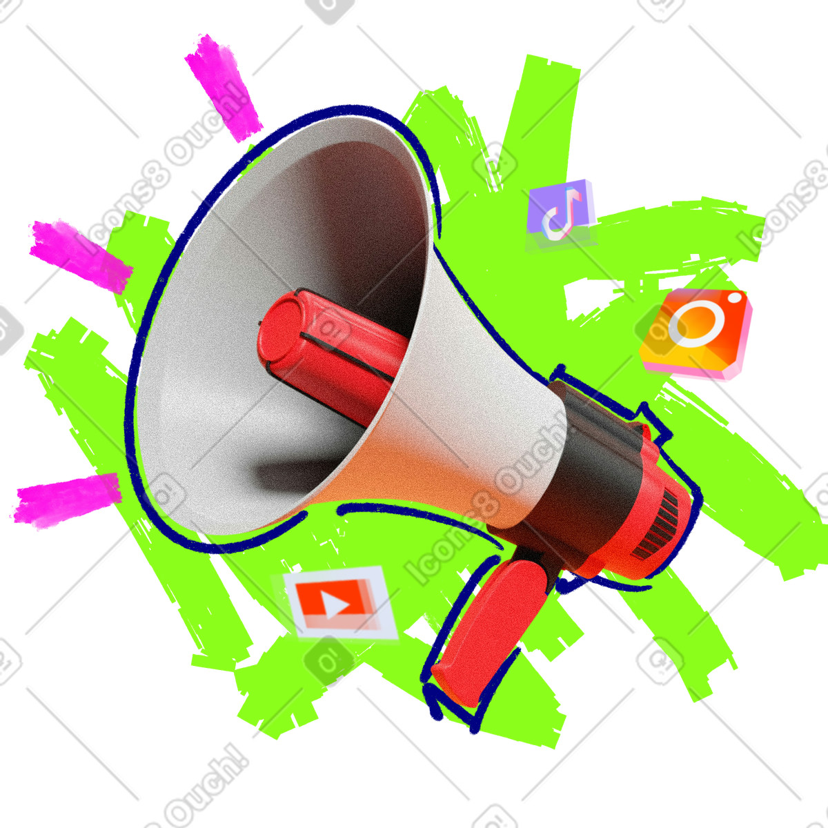 Megaphone with social media icons, Digital content marketing concept illustrazione in stile Energy scarica in PNG, SVG