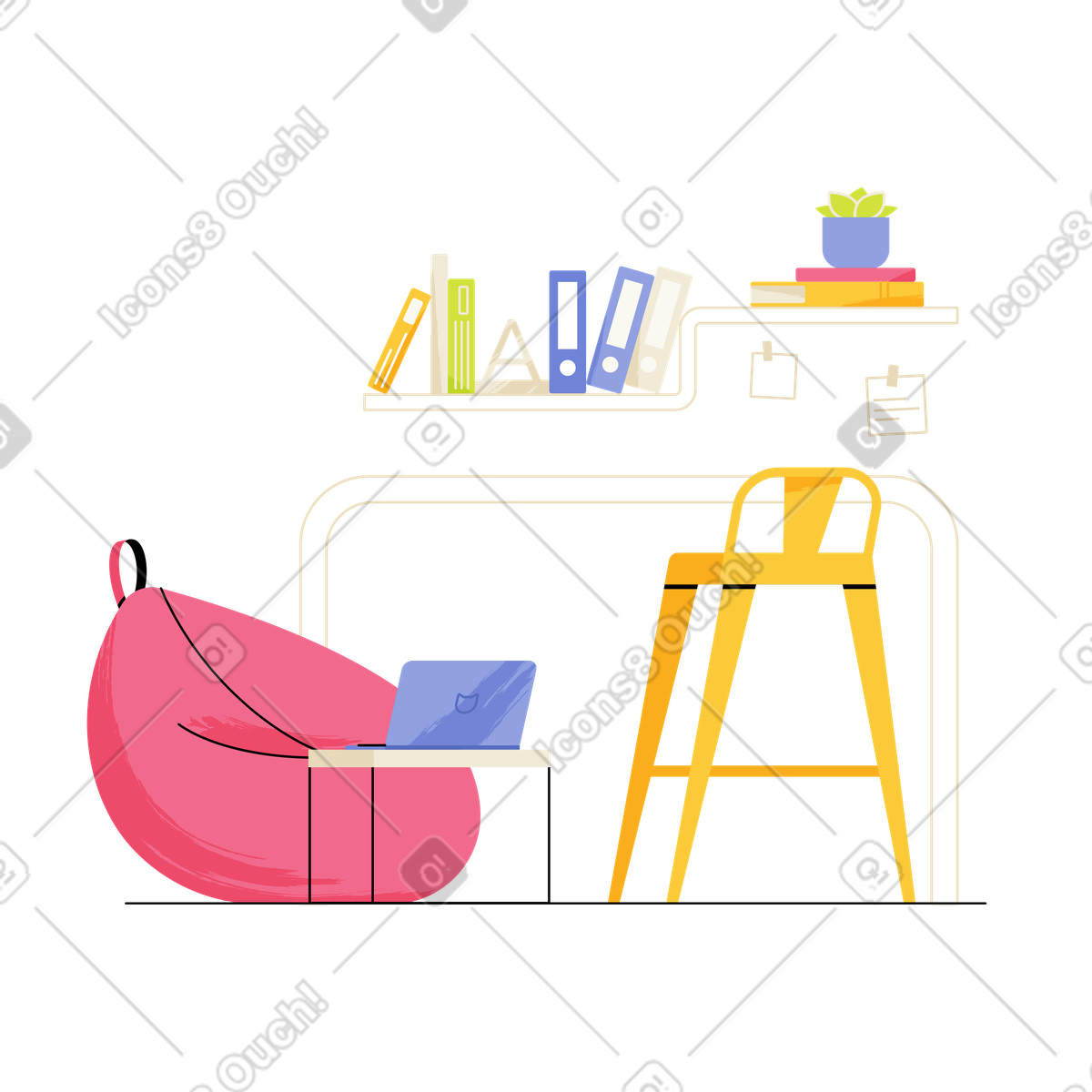 Coworking workplace with bean bag chair illustration in Juicy style download in PNG, SVG