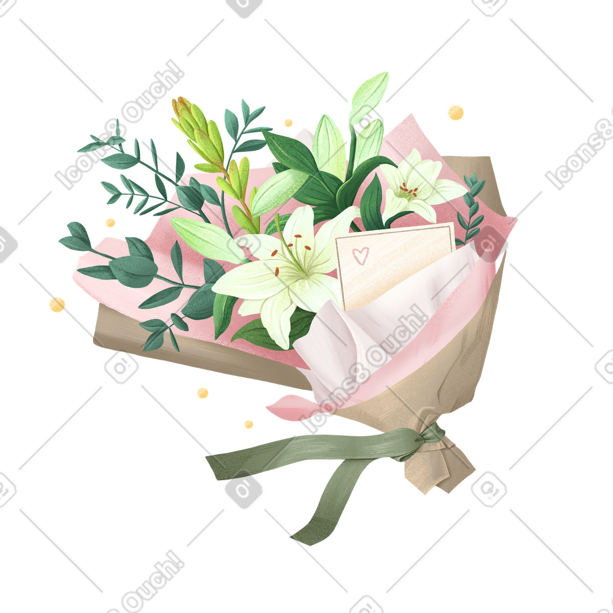 Ilustración Delicate bouquet with white lilies in a craft pink wrapper en estilo Floral descargar en PNG y SVG