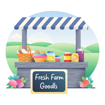 A rustic farm stand made of weathered wood is set up outdoors. The stand is adorned with colorful produce and various items. On the left, there are baskets filled with "fresh eggs" with shades of brown and white. Beside them, glass jars labeled "honey" shine under the sunlight. On the right, there are several jars of "homemade preserves," in vibrant colors like deep red, golden yellow, and rich purple. A chalkboard sign in front reads "Fresh Farm Goods" in white handwriting. In the background, green fields and a blue sky create a tranquil rural atmosphere.