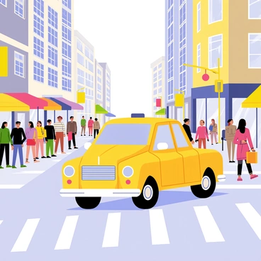 A yellow taxi navigating through busy city streets full of pedestrians