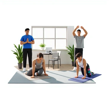 A group of three colleagues engaged in a quick exercise session in an office break room. One colleague is performing stretches while standing, wearing a blue polo shirt and black trousers. Another colleague is seated on the floor, doing push-ups, dressed in a grey t-shirt and joggers. The third colleague is using a yoga mat to perform a seated forward bend, wearing a white tank top and colorful leggings. The break room is equipped with a small round table and a few chairs, and there are plants in the background, adding a touch of greenery to the scene. Sunlight streams in through a window, illuminating the room.