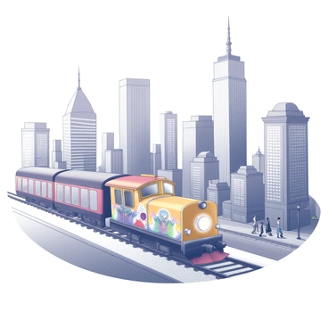 A cartoon-style train moves along tracks, its engine bright and whimsical in design. The train is decorated with colorful patterns and features exaggerated shapes. Surrounding the train, a bustling cityscape is filled with tall skyscrapers, each with distinct architectural features such as glass windows and unique rooftop designs. The city is alive with activity, as small figures walk along the sidewalks, and vehicles can be seen on the streets. The perspective captures both the train in motion and the grandeur of the buildings in the background, creating a lively urban scene.
