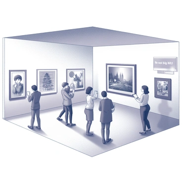 An art gallery featuring a spacious room with high ceilings and well-lit walls. Several framed illustrations are displayed on the walls, each piece showcasing distinct styles and themes. One particular illustration stands out, prominently labeled with a sign reading “the next big hit.” The gallery floor is polished and reflects the artworks, while small groups of visitors can be seen admiring the pieces, discussing their favorites, and taking notes. The atmosphere is lively, with a sense of excitement about the showcased works.