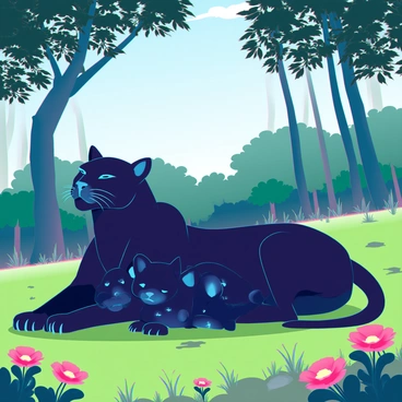 A sleek mother panther with glossy black fur is resting in a sunlit forest clearing. Her eyes are closed peacefully as she lies on soft, lush green grass. Nestled beside her are two lively cubs, one with a playful demeanor and the other curled up contentedly. The clearing is surrounded by tall, dense trees with dappled sunlight filtering through the leaves, casting gentle shadows on the ground. There are patches of vibrant wildflowers dotting the landscape, adding splashes of color to the serene scene.