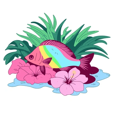 A vibrant rainbow fish with multicolored scales is lounging gracefully among large, lush tropical flowers and green palm leaves. The fish is positioned on a soft bed of bright pink hibiscus petals, with its fins gently flowing in the surrounding water. The palm leaves cascade around the fish, creating a natural, shaded environment filled with vivid colors. Sunlight filters through the leaves, casting playful shadows on the fish's shimmering body.