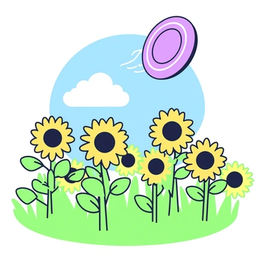 A frisbee is soaring high above a field filled with sunflowers, which are standing tall and facing the sun. The sunflowers have large, round heads and vibrant green leaves, creating a dense backdrop. The frisbee is depicted in the air, showcasing its aerodynamic shape. In the background, there is a clear blue sky with a few fluffy clouds, illuminating the scene with sunlight. The sunflowers vary in height, some slightly bending as they catch the breeze, adding to the dynamic feel of the image.