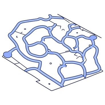 A bird's-eye view of a complex road network. The roads are intricately interwoven, creating a pattern that resembles a system of veins. The network features multiple intersecting pathways, with lines representing roads in varying widths. There are vanishing points where roads converge, and small symbols indicating directionality. The background is a flat surface representing an urban environment.