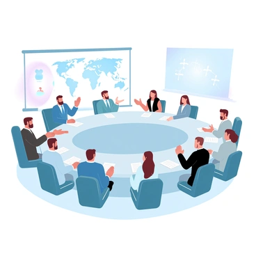 A large meeting room is filled with representatives from various countries seated around a central oval table. Each representative is wearing formal attire, holding documents and notes. Flags of different countries are displayed on stands around the room. A large screen on one wall shows a world map with various highlighted regions. The ambiance is focused and dynamic, with a few representatives gesturing as they speak. Light from large windows casts a warm glow across the scene, creating a collaborative atmosphere.