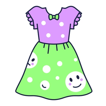 A dress design is featured that is playful and whimsical, suited for children. The dress has a flared skirt that ends just above the knees, with a fitted bodice. The fabric is adorned with "smiley faces" in various sizes and poses, scattered throughout the design. There are short sleeves with ruffled edges, creating a fun and dynamic silhouette. The neckline is rounded and complemented by a small bow positioned at the center. The overall look is balanced, making it suitable for playful activities.