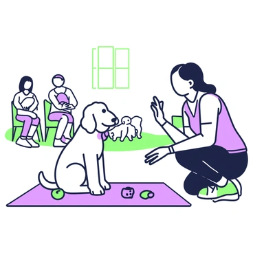A young labradoodle with a fluffy coat is sitting on a training mat in a puppy training class. The labradoodle has big, expressive eyes and floppy ears. In front of the dog, a trainer is kneeling down, holding a green treat in one hand while using their other hand to gesture in encouragement. Surrounding them are several puppy training tools, including a purple clicker and colorful toys scattered on the ground. In the background, other puppies are playing, while their owners observe attentively from small chairs arranged in a semi-circle.
