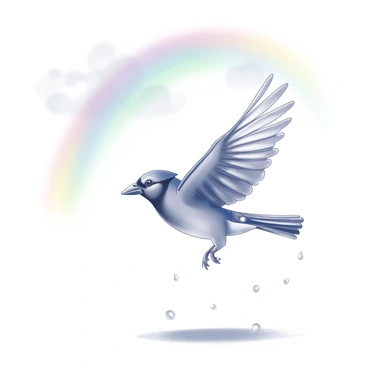 A blue jay is in mid-flight, its wings fully spread as it glides beneath an arching rainbow in the sky. The jay's feathers are clearly visible, showcasing their distinct patterns. Below the rainbow, the ground is dotted with glistening raindrops, remnants of a recent rainstorm. The atmosphere feels fresh, and the sky is partly clouded, adding depth to the scene.