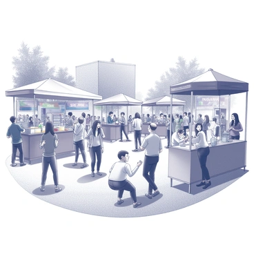 A vibrant outdoor scene at Queen's Square. Numerous people are gathered, engaging with each other while enjoying various types of food from colorful food stalls. Some individuals are dancing to the lively music that fills the air, while others sit at tables or on the grass, laughing and sharing meals. A few children are playing nearby, adding to the joyful atmosphere. The square is surrounded by trees and buildings, with banners and decorations enhancing the festive environment.