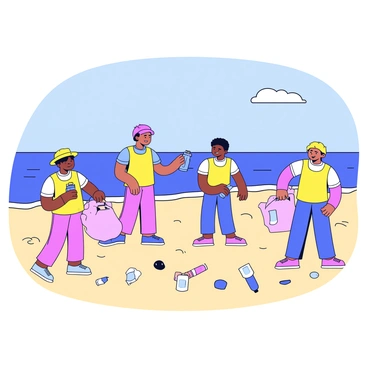 A group of volunteers is collecting plastic waste on a sandy beach. Each volunteer is wearing a bright yellow safety vest and is engaged in picking up litter. Some volunteers are using grabbers, while others are using gloves to pick items directly from the sand. In the background, there is a clear blue ocean with gentle waves lapping at the shore. The sky above is bright and sunny, adding to the sense of a clean environment. There are scattered pieces of plastic waste, such as bottles and bags, being collected in large trash bags.