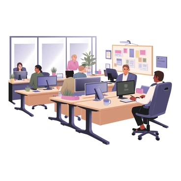 A digital flat illustration of a bustling office environment. The office has multiple desks arranged in rows, each equipped with sleek, modern "Apple" computers. Bright natural light filters through large windows, illuminating the workspace. Employees of diverse appearances are seated at the desks, engaged in various tasks, some typing on their computers, while others are discussing ideas in small groups. There are potted plants on some desks, adding a touch of greenery. A large whiteboard filled with colorful notes and diagrams is mounted on one wall, and a coffee station is visible in the background.