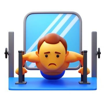 A person executing dips on parallel bars in a gym. The individual is focused, with defined muscles visible in their arms and shoulders. Behind them, a large mirror reflects their form, showing their posture and effort. The gym is equipped with various exercise machines and weights, adding to the active atmosphere. The lighting is bright, highlighting the reflectiveness of the mirror and the determination on the person's face.