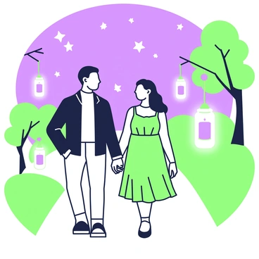 A couple is walking hand-in-hand along a path. The man is wearing a dark jacket and light-colored trousers, while the woman is dressed in a flowing dress. Above them, a starry sky is visible, filled with numerous stars twinkling brightly. Along the path, there are softly glowing lanterns hanging from trees, casting a gentle light. The couple is smiling at each other, creating a warm and intimate atmosphere as they stroll together.