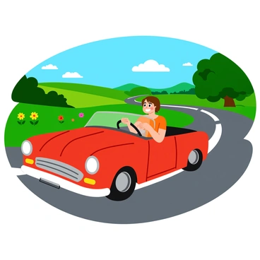 A person with short brown hair is driving a vintage red convertible car along a scenic country road. The car has a glossy finish and chrome accents that shine in the sunlight. Lush green trees line both sides of the road, and there are colorful wildflowers blooming in the grass. In the background, rolling hills extend into the distance under a clear blue sky. The person has a joyful expression on their face as they grip the steering wheel. The road curves gently, inviting a sense of adventure in the ride.
