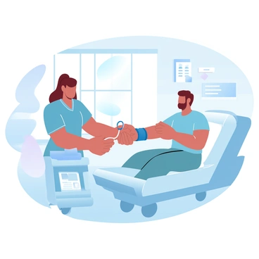 A nurse is using a sphygmomanometer to check a patient's blood pressure. The nurse is dressed in scrubs and has a focused posture as she wraps the cuff around the patient's arm. The patient is sitting on a hospital bed, looking calm. Bright sunlight filters through a nearby window, illuminating the clean and organized hospital room. Medical equipment is neatly arranged on a cart beside the bed, and a chart hangs on the wall with health information.