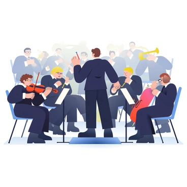 An orchestra is set on a dimly lit stage, with musicians positioned in semi-circular rows. Each musician, dressed in formal black attire, is intently focused on their instrument. A conductor stands in front, raising a baton to guide the performance. In the front row, a violinist with curly brown hair is playing with a look of concentration. To the left, a cellist with short blonde hair is adjusting their posture, while a flute player with glasses is blowing into their instrument, creating a moment of harmony. In the background, the brass section gleams under the stage lights, with a trumpet player ready to join the melody. The overall ambiance captures the unity and dedication of the musicians as they bring the music to life.