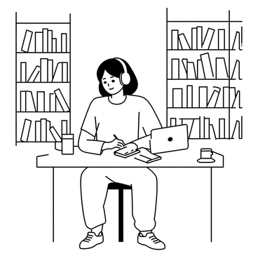 A student seated at a wooden study table in a library, surrounded by tall bookshelves filled with books. The student is wearing a loose-fitting t-shirt and comfortable sweatpants, with a pair of headphones resting around their neck. They have a few open books and a laptop in front of them. The student is focused on writing notes in a notebook with a pen, while a coffee cup sits next to them on the table. Soft sunlight filters through the window, illuminating the scene.
