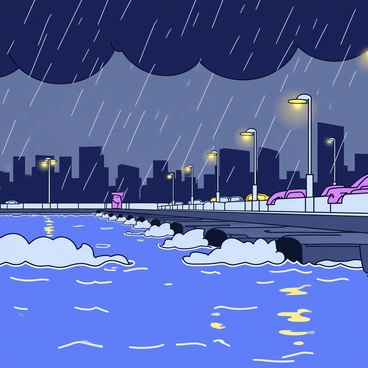 A cityscape during a heavy rainstorm with dark clouds overhead. Water pools on the streets, creating small rivers that flow towards the storm drainage system. The drainage grates are visibly overwhelmed, with water rushing through them. Nearby, streetlights cast a soft glow, illuminating the chaotic scene. A few parked cars are partially submerged, and reflections of the lights dance on the surface of the water.