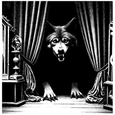A werewolf with thick fur and sharp fangs is peeking from behind the curtains of an old, elaborate theater stage. Its eyes are wide and alert, glowing with a hint of ferocity. The curtains are rich and heavy, draping down in deep folds, revealing intricate patterns. The stage is adorned with ornate decorations, including gilded details and vintage props scattered about. The wooden floor is worn, hinting at years of performances, and shadows dance across the scene, adding to the dramatic atmosphere.