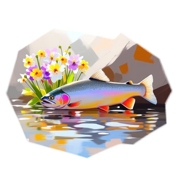 A vibrant trout with shimmering scales in shades of green and silver is swimming gracefully through clear river water. The fish is gliding past a cluster of wildflowers blooming at the river's edge, which includes a variety of colors such as bright yellows, purples, and whites. The wildflowers sway gently in the water's breeze, their stems partially submerged. A few green leaves and blades of grass are also visible, adding to the natural setting. Sunlight filters through the water, creating a dappled effect on the riverbed below.