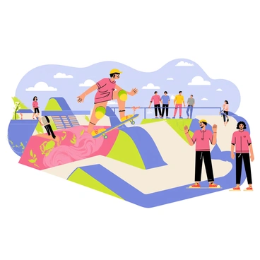 A girl performing tricks on a skateboard at a vibrant skate park. She is wearing a bright yellow helmet and colorful knee pads, showcasing her skills as she jumps off a ramp. The skate park is filled with vivid graffiti art on the walls, featuring swirling patterns in shades of blue, pink, and green. A group of enthusiastic onlookers in casual clothing is gathered nearby, watching her with excitement. Several ramps and rails are visible in the background, along with a clear blue sky overhead.