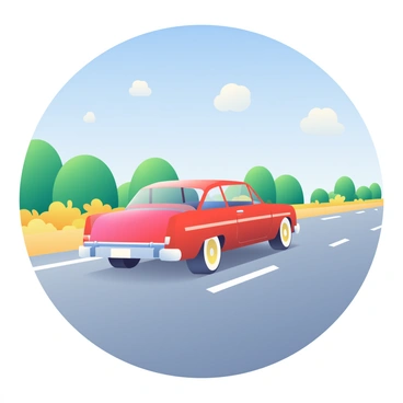 A classic vintage car in a deep red color is cruising down a long highway under a clear blue sky. The car has rounded edges, chrome accents, and whitewall tires, giving it an authentic retro look. In the foreground, the smooth asphalt of the highway stretches out, with faint tire tracks visible. On one side of the highway, there are lush green trees lining the road, and on the other side, golden grass sways gently in the breeze. Small, fluffy white clouds dot the sky, enhancing the sense of a perfect driving day.
