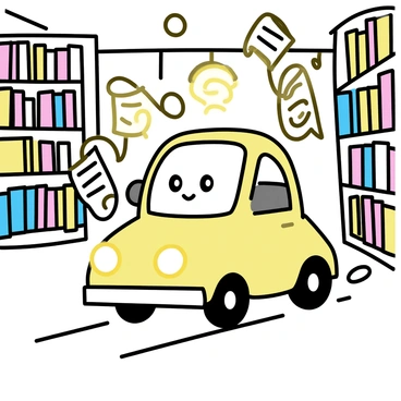 A cartoon car with a rounded body and large, expressive eyes is navigating through an intriguing bookshop. The interior features shelves filled with an array of colorful books, some of which are floating in mid-air. Scrolls gently twist and turn around the car, creating a whimsical atmosphere. Warm light spills from glowing orbs hanging from the ceiling, illuminating the space. The car shows a curious expression, with its headlights glowing softly, as it glides over a polished wooden floor.