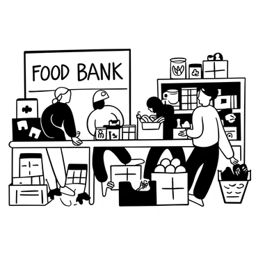 A group of volunteers bending over tables, sorting through boxes of food donations. Each volunteer is focused on organizing the donations, with some stacking canned goods while others fill bags with non-perishable items. In the background, shelves are lined with various food items, such as boxes of pasta, jars of sauce, and canned vegetables. The atmosphere is busy, with stacks of food crates around the room and a large sign that reads "Food Bank" prominently displayed on one wall.