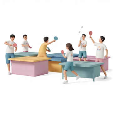 A table tennis scene featuring a variety of players demonstrating different grips and techniques. The first player, a man with short black hair, is shown using a "shakehand" grip with a red paddle, positioned to hit the ball over the net. Next to him, a woman with long brown hair is demonstrating the "penhold" grip, holding a blue paddle close to her body while preparing to strike. In the background, a player is executing a backhand technique, with the paddle angled down as he swings at a flying ball. Another player is caught mid-serve, focusing on the tossing of the ball in an upward motion with a serious expression. Each player is wearing athletic gear with visible brands and numbers, and colorful table tennis tables are set against a lively sports hall backdrop.