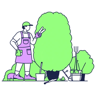 A landscape gardener is standing in front of a tall hedge, carefully using shears to shape it into a perfect geometric design. The gardener is wearing a green cap, gloves, and a sturdy apron with pockets for tools. The hedge is lush and dense, with sharp lines indicating the geometric form being created. Surrounding the gardener, there are various tools scattered on the ground, including a rake and a small watering can. In the background, there are other hedges of varying shapes, adding complexity to the garden scene. The sky is clear, allowing bright natural light to illuminate the area.