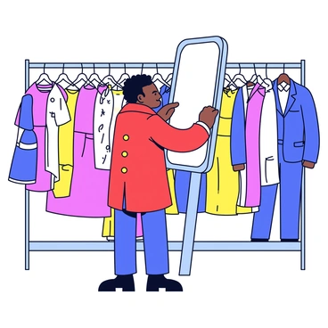 An extra is trying on a colorful costume in a wardrobe department. The extra is standing in front of a mirror, wearing a bright red coat with golden buttons. The wardrobe department is filled with racks of clothes, showcasing a variety of costumes in vibrant colors and different styles. There are hangers with dresses, suits, and accessories neatly arranged. The atmosphere is lively with an array of fabric textures visible across the room.