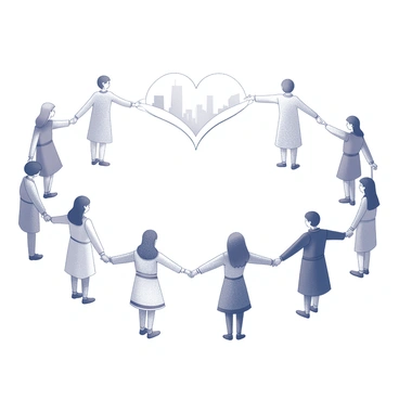 A heart-shaped string connecting multiple people. Each person is from a different culture, showcasing a variety of traditional clothing and accessories. They are positioned at equal distances along the string, reaching out towards one another with open arms, representing connection and unity. The background features subtle elements that suggest diversity, such as various symbols or landmarks that are characteristic of each culture represented. The overall composition conveys a sense of togetherness and harmony.