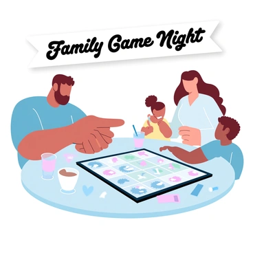 A family is gathered around a table, engaged in a board game. There are four members: a father and mother, along with two children. The father is leaning forward, holding a game piece in one hand, while the mother is pointing at the game board with a smile. One child is looking at the game board with curiosity, while the other is reaching for a card. The table is adorned with snacks and drinks, creating a cozy atmosphere. A colorful board game is spread out, featuring vibrant illustrations of various game elements. Above them, a banner reads "Family Game Night."