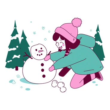 A pink cartoon girl wearing a teal winter jacket and a matching hat is joyfully making a snowman in a snowy landscape. The snowman has a smiling face made with small black stones for eyes and a carrot for a nose. Surrounding the girl and the snowman, there are tall green pine trees dusted with white snow. Soft snowflakes are gently falling from the sky, adding to the winter atmosphere. The girl is bending down, rolling a large snowball for the snowman's body, with her cheeks flushed from the cold.