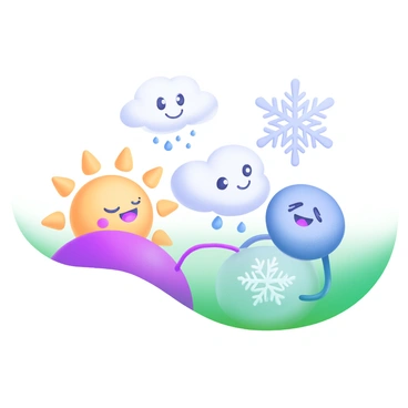 A modern pastel illustration featuring cartoon-style characters representing different weather types. There is a sunny character with a bright yellow smile and rays, a fluffy white cloud character with a cheerful face, a rain cloud character with blue drops, and a snowflake character with intricate patterns. They are gathered at a stationary front, depicted as a wavy line on the ground connecting them. Each character has expressive features, conveying their respective weather moods. The background is a soft gradient of light colors, complementing the characters.
