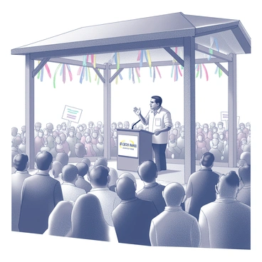 A large gathering of people is assembled beneath a richly decorated pavilion. In the center, "Cesar Chavez" stands at a podium, passionately addressing the crowd. His expression is focused and determined as he gestures with one hand to emphasize his points. The pavilion is adorned with colorful banners and streamers that hang from the beams above, creating a festive atmosphere. The audience consists of diverse individuals, some holding placards and others listening attentively. The scene captures a sense of unity and purpose among the attendees.