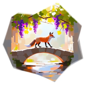 A fox with reddish-brown fur and a bushy tail is crossing an old stone bridge. The bridge has moss-covered stones, and its arch is elegantly shaped. On either side of the bridge, cascading grapevines hang down, their leaves a mix of green and deep purple, creating a lush canopy. Sunlight filters through the vines, casting dappled shadows on the stone surface. The scene captures the natural beauty of the environment, with the fox gracefully navigating its path.