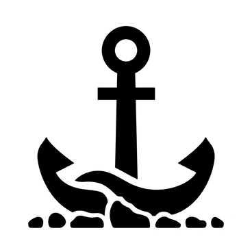 An anchor resting on the ocean floor surrounded by small rocks and sand.