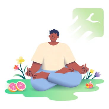 A person with medium skin is sitting cross-legged on a grassy field, meditating outdoors. They have short black hair and are wearing a loose-fitting, light-colored shirt. Surrounding them are halved grapefruits, their vibrant pink flesh contrasting with the green grass. Nearby, various fragrant flowers bloom, showcasing bright colors such as yellow, purple, and red. The sunlight filters through the leaves of nearby trees, casting gentle shadows on the ground. The scene conveys a sense of calm and tranquility, enhancing the meditative atmosphere.
