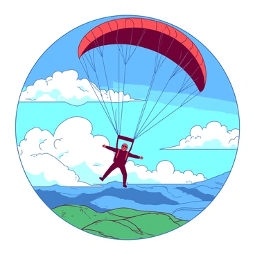 A bright red parachute is fully opened above a skydiver as they descend through fluffy white clouds. The sky is a vibrant blue, contrasting with the red parachute that fills the scene. The skydiver is wearing a black jumpsuit and a helmet, arms spread wide, enjoying the thrill of the descent. Below, the landscape is a patchwork of green fields and winding roads, partially obscured by the clouds. Sunlight breaks through the clouds, creating a dynamic play of light and shadow in the surrounding sky.