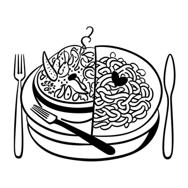 A divided plate showcasing two distinct types of cuisine. One half features a vibrant arrangement of spicy Asian cuisine, including bright chili peppers, steaming stir-fried vegetables, and a bowl of rice garnished with sesame seeds. The other half presents a comforting Italian pasta dish, with a generous portion of spaghetti covered in rich marinara sauce, adorned with fresh basil leaves and sprinkled with grated cheese. The plate is centered on a wooden table, with a fork resting beside it, ready for a delightful meal.