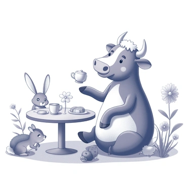 A large cow is sitting at a small, round table set in a garden filled with various plants and flowers. The cow has a playful expression on its face as it balances a teacup on one hoof. Around the table, several woodland creatures are gathered, including a small rabbit with long ears holding a teapot, a hedgehog peeking out from behind a flower, and a squirrel sitting on the table with a plate of cookies. The scene captures a sense of joy and camaraderie among the animals as they enjoy their tea party in the lush garden setting.
