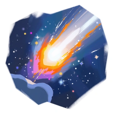 A bright comet streaking across a deep blue night sky filled with scattered stars. The comet features a glowing nucleus, radiating brilliant white light. Its tail extends behind it, illuminated with vibrant hues of orange, yellow, and red, resembling flames and shimmering sparks. The surrounding sky captures the vastness of space, enhancing the comet's striking appearance as it moves rapidly through the darkness.