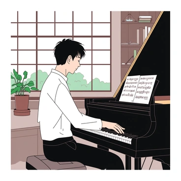 Ayanokoji is sitting at a black grand piano in a quiet music room. He has short dark hair and is wearing a white dress shirt. The room is filled with soft natural light streaming through large windows, illuminating the polished surface of the piano. Sheet music is spread out on the music stand, and Ayanokoji's fingers are gracefully moving over the keys. In the background, there are shelves lined with various musical instruments and books. A small green potted plant sits on a nearby table, adding a touch of color to the serene setting.