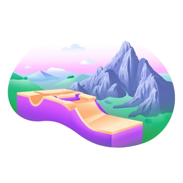 A detailed illustration of a mountain range created by subduction, showcasing rugged peaks rising sharply into the sky. In the foreground, a section of tectonic plates is depicted, with one plate visibly pushing upwards against another. The rocks are textured and layered, showing evidence of the geological forces at work. Surrounding the mountains, a panoramic view of valleys and smaller hills can be seen, dotted with patches of green vegetation. The sky above is a soft gradient of pastel colors, hinting at dawn or dusk, providing an ethereal backdrop to this dynamic geological scene.